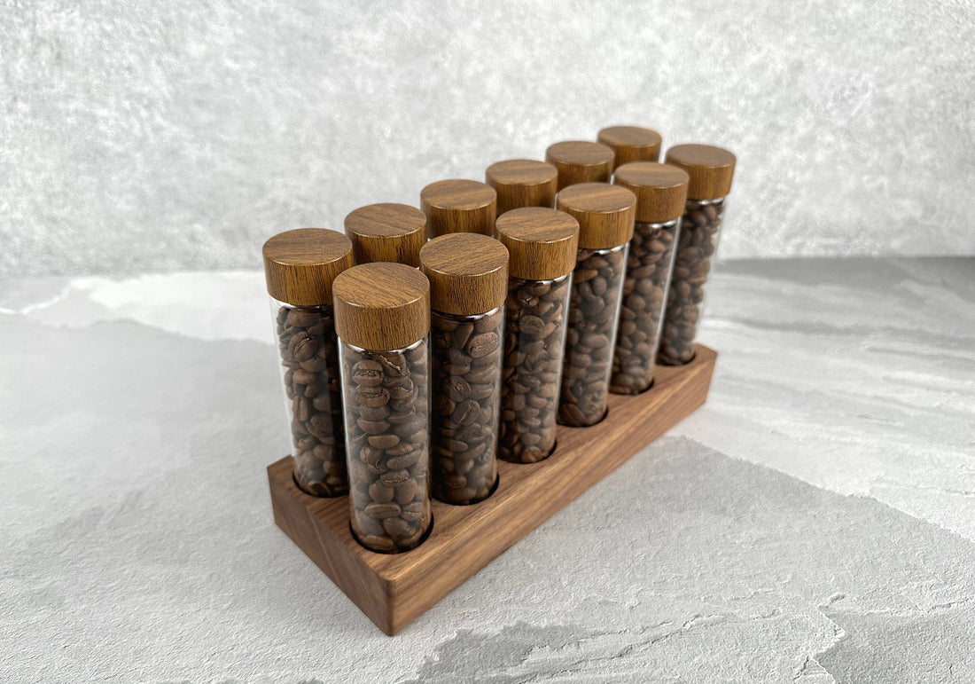 Single Dosing Coffee Beans Cellar with Walnut Wood Stand - 12 tubes