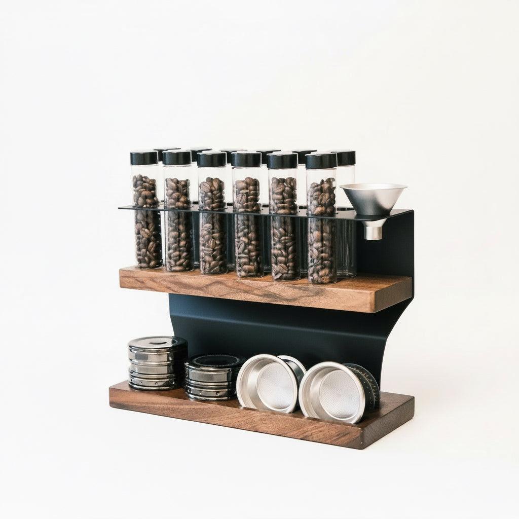Coffee bean storage tubes on a wooden rack.