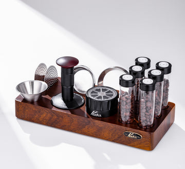Kafes Single Dosing Coffee Beans Cellar with Coffee Tool Walnut Wood Organizer - 6 tubes