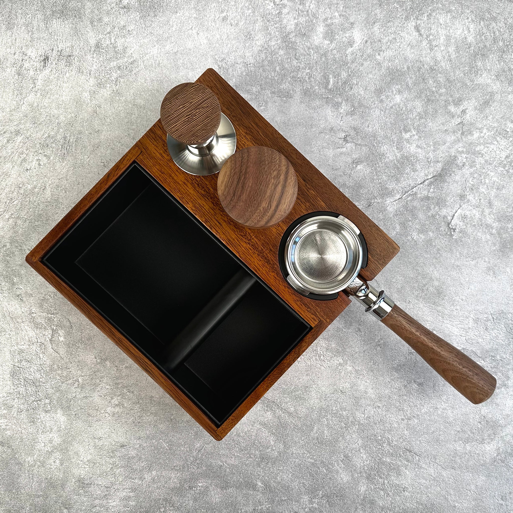 Coffee Espresso Walnut Wood Tamping Station with Knock Box V4 - 51mm/53mm/54mm/58mm